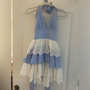 Blue gingham ruffle mini dress